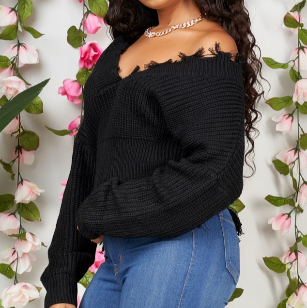 Heather Deep V-Neck Distressed Sweater Top-NYCOWLL