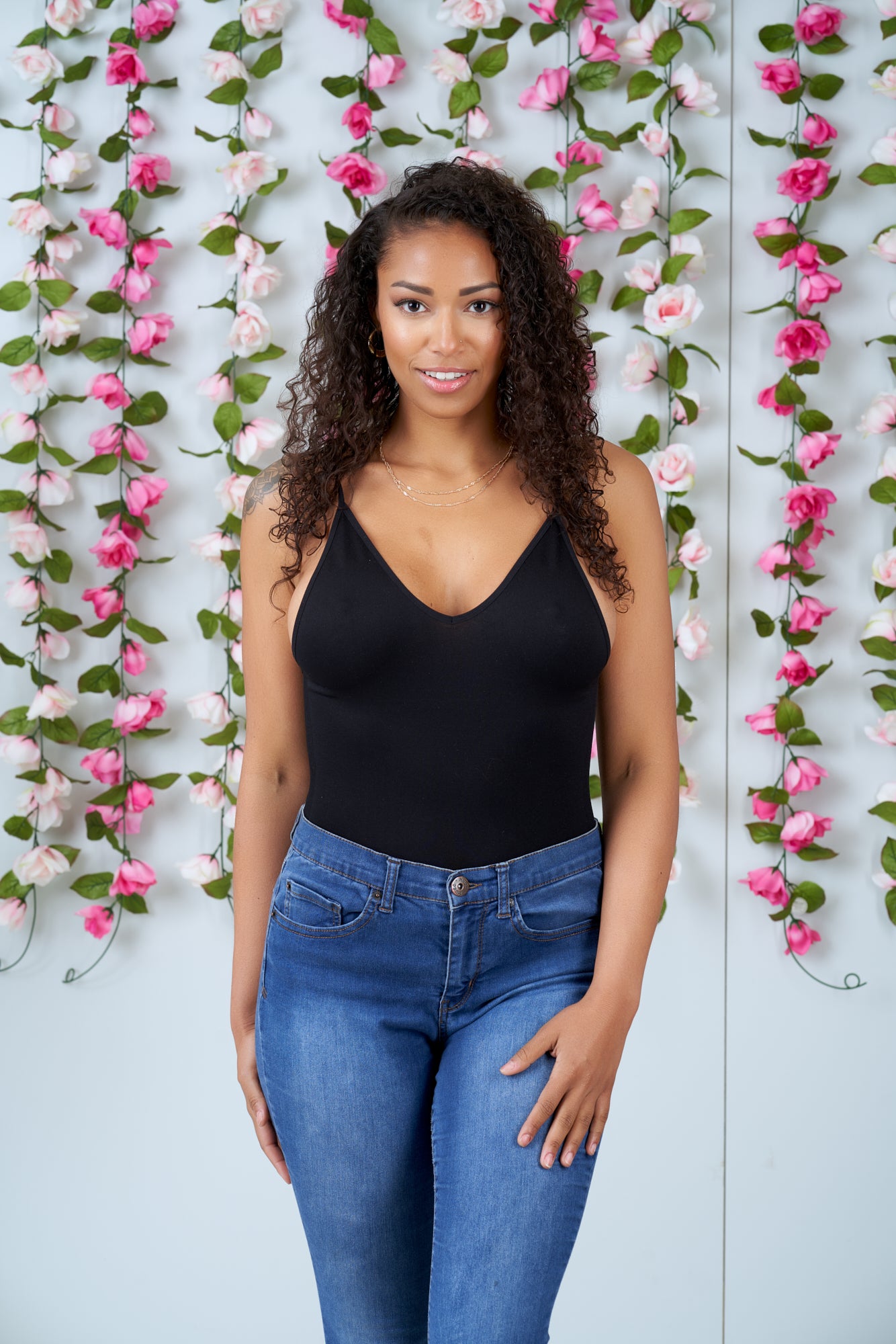 Heather Black Deep V Cut Low Back Bodysuit