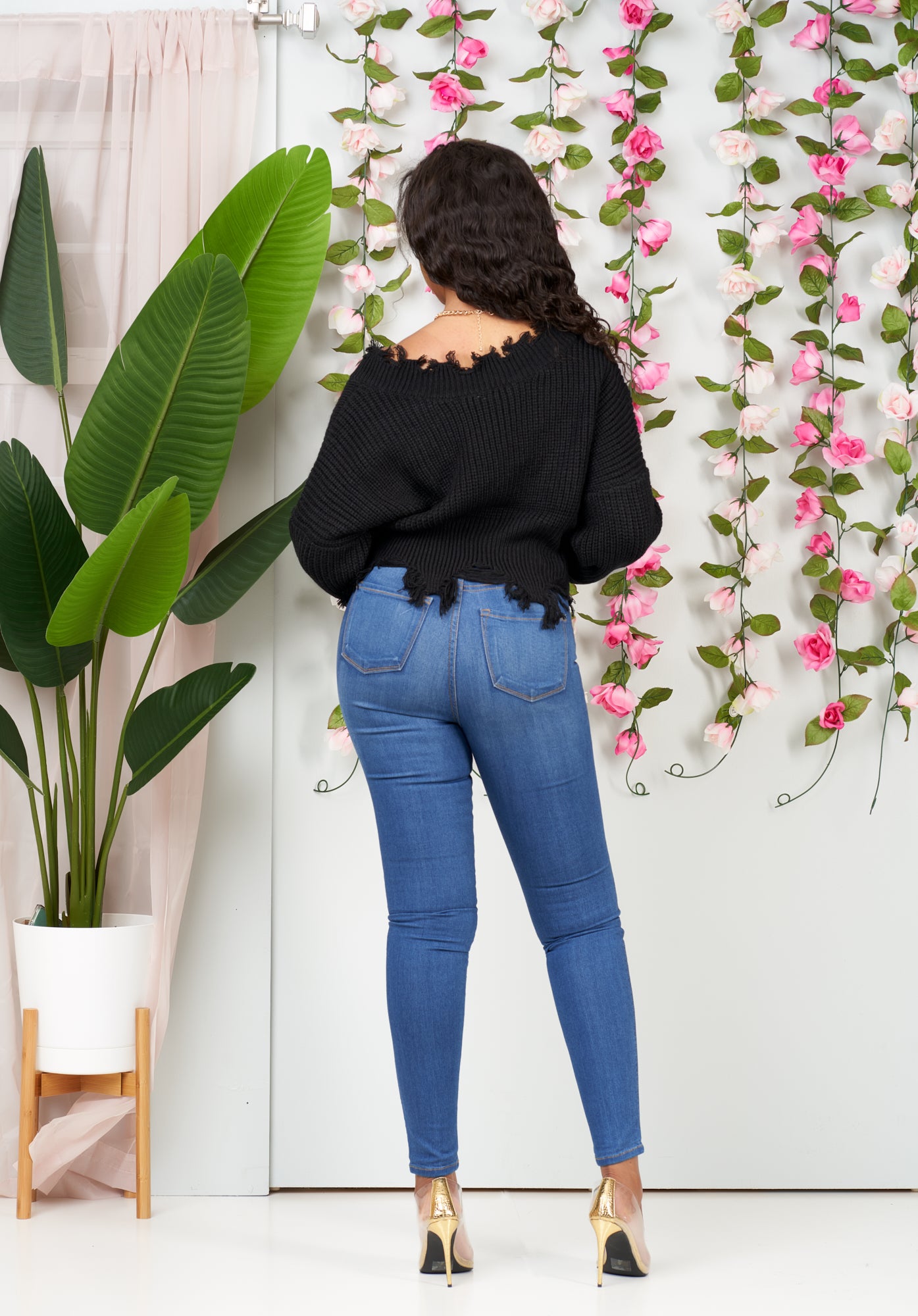 Heather Deep V-Neck Distressed Sweater Top-NYCOWLL