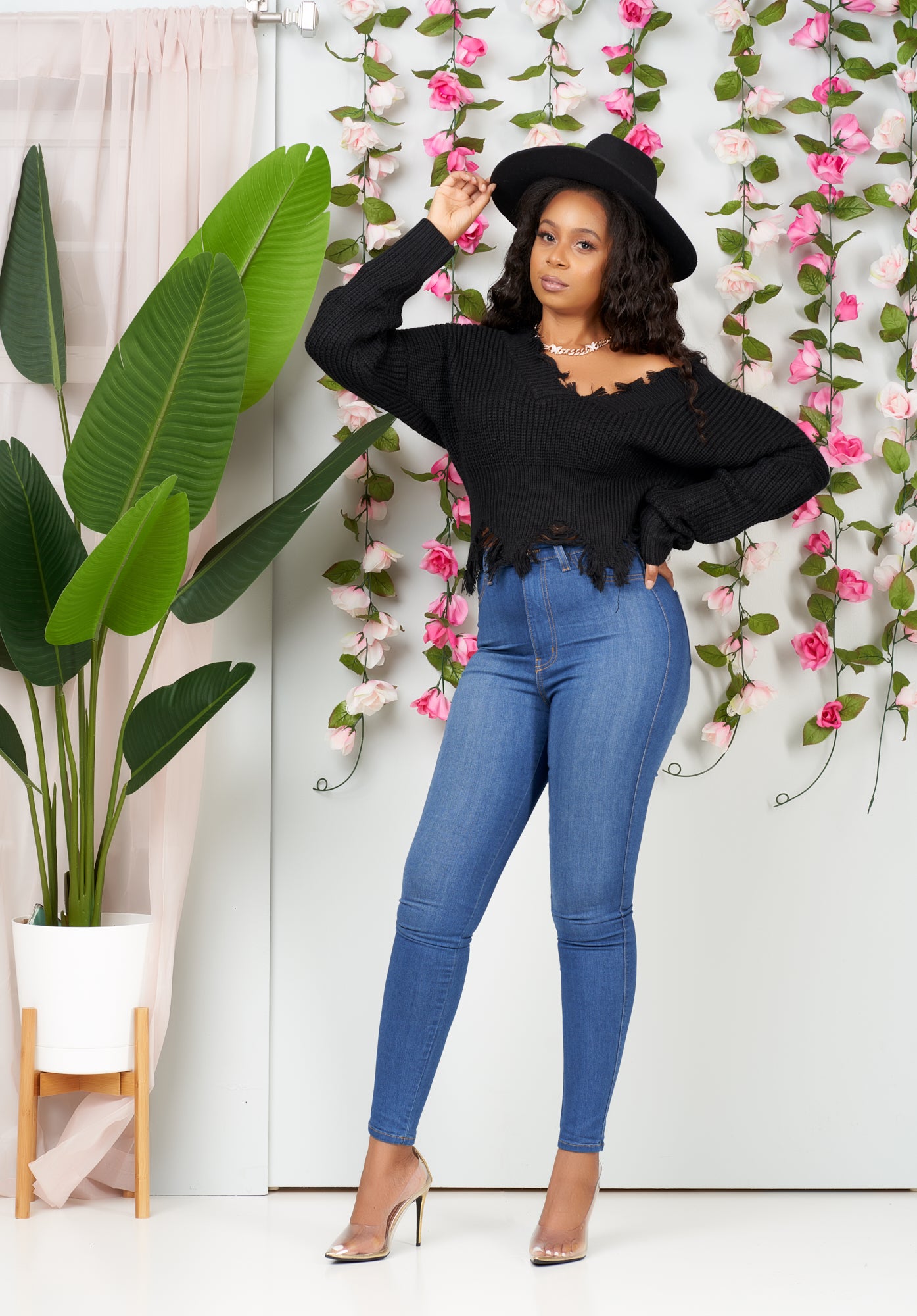 Heather Deep V-Neck Distressed Sweater Top-NYCOWLL