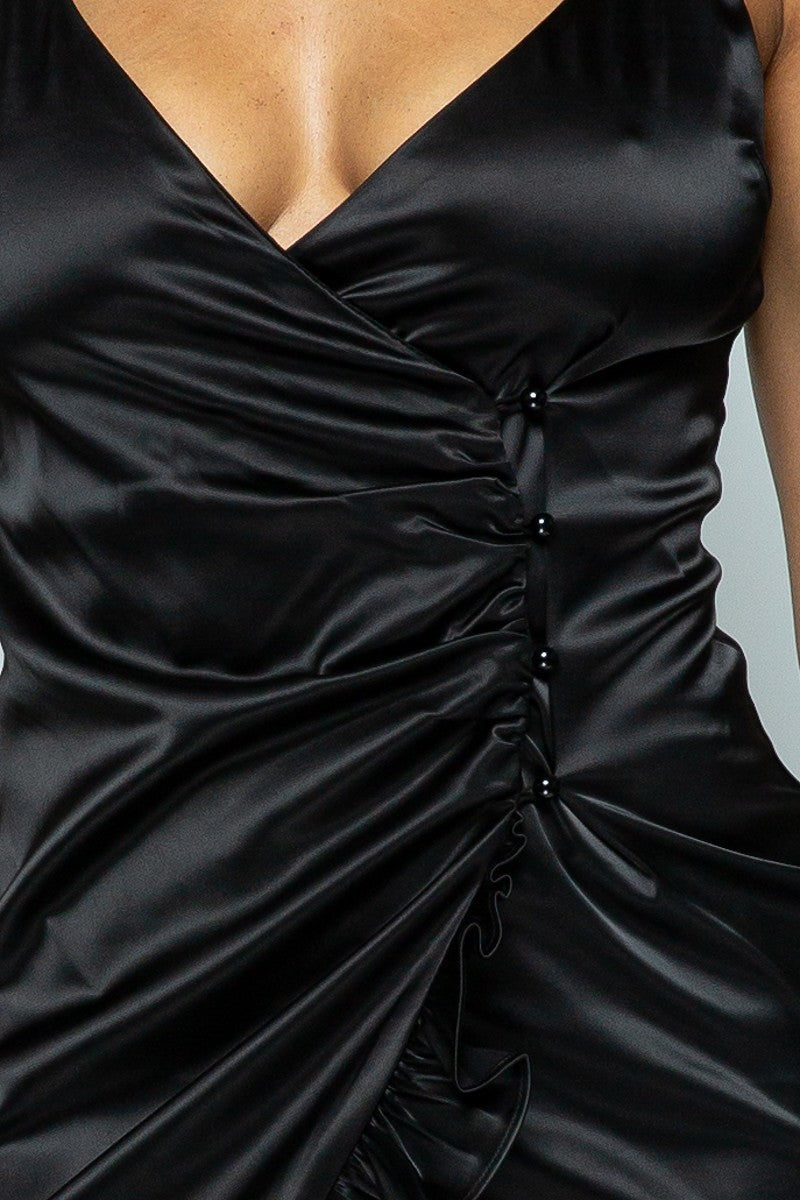 La Belle Satin Asymmetric Ruffle Dress - Black-NYCOWLL